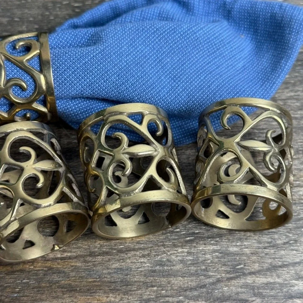 1970s Vintage Napkin Rings Set of 6 Gold Tone Openwork Scroll French Country